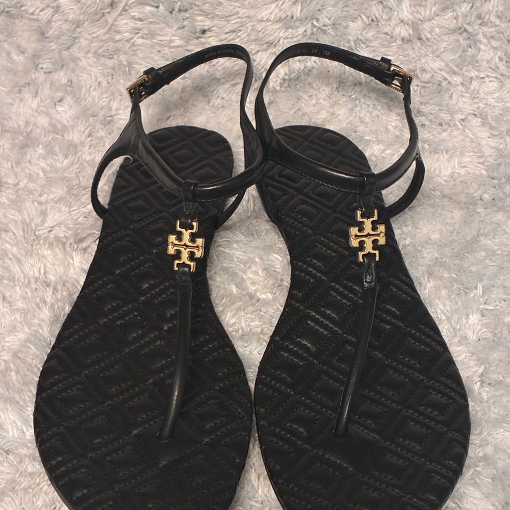 Tory Burch Black T-Strap Sandals with Gold Logo